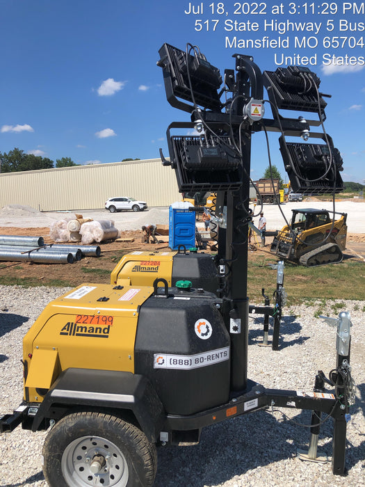 2022 Allmand NLV3GR (4) LED Light Fixture 350W, 23' Vertical Mast, 3kW Prime, Towable, Deep Sea L401, Leveling Jacks, Yanmar T4F 5.8hp