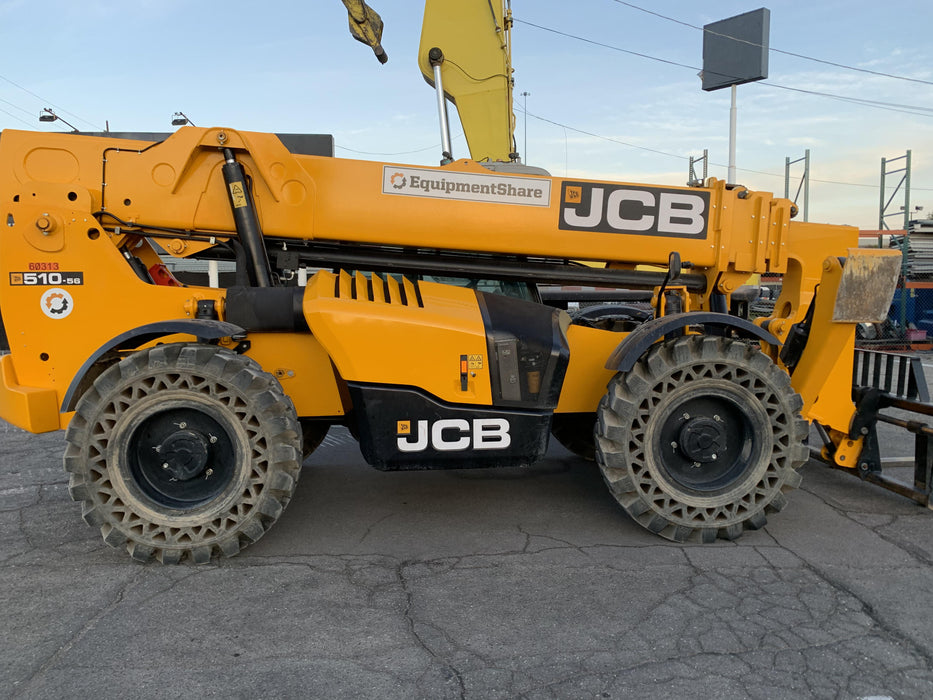 2020 JCB 510-56 Cab/Heat/Air, 74 HP, Solid Tires, STD Worklight, Beacon, Aux Hydraulics, Lifting Eye, Back up Alarm w/66" Carriage/60" Forks