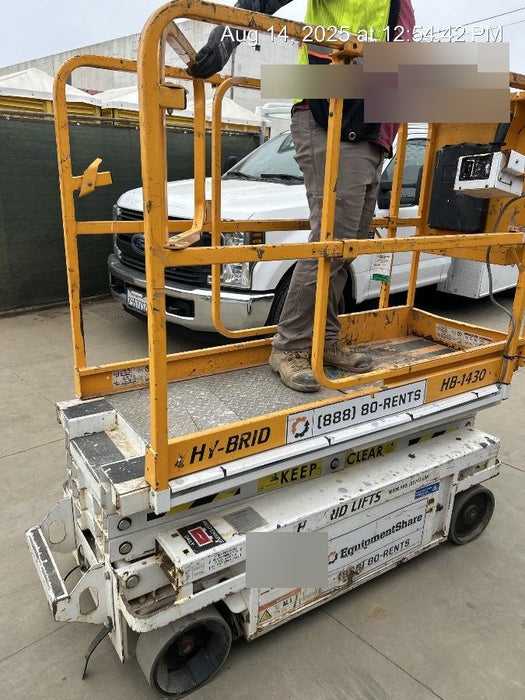 Custom Equipment HB-1430 <ul>
 <li>Hy-Brid Scissor Lift</li>
  <li>Platform capacity up to 670 lbs.</li>
  <li>Working height up to 20 ft</li>
  <li>Weighs under 1,700 lbs.</li>
  <li>Non-marking wheels </li>
</ul>