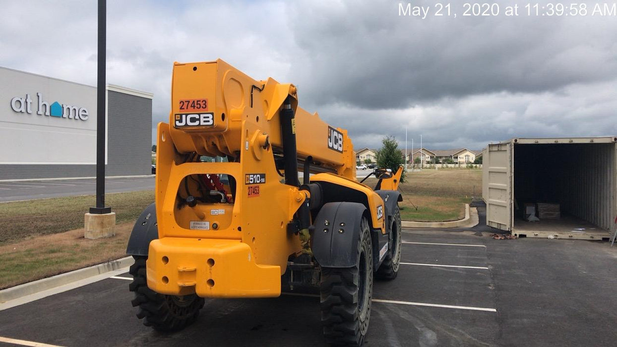 2019 JCB 510-56 Open ROPS, 74 HP, Solid Tires, Worklights, Beacon, Aux Hydraulics, Lifting Eye w/60" Carriage/60" Forks
