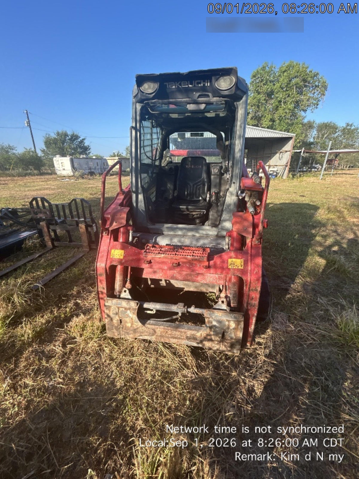 2019 Takeuchi TL10V2-CR Cab/Heat/AC, Rubber Tracks, Backup Alarm, Front & rear working Lights, Auxiliary Hydraulics, 2 Speed Travel, Engine Monitoring System, Hydraulic universal quick hitch w/76" HD smooth dirt bucket with bolt-on edge, 20.3 cubic feet capacity, 48" Pallet forks and frame