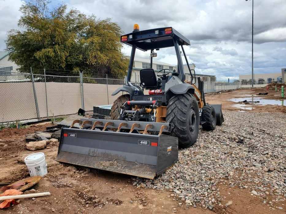 2019 Case 570N EP Canopy, 4WD, GP Front Bucket, Dual Tilt Cylinder, 84" Box Blade w/ Scarifier, Wheel Weights, Beacon