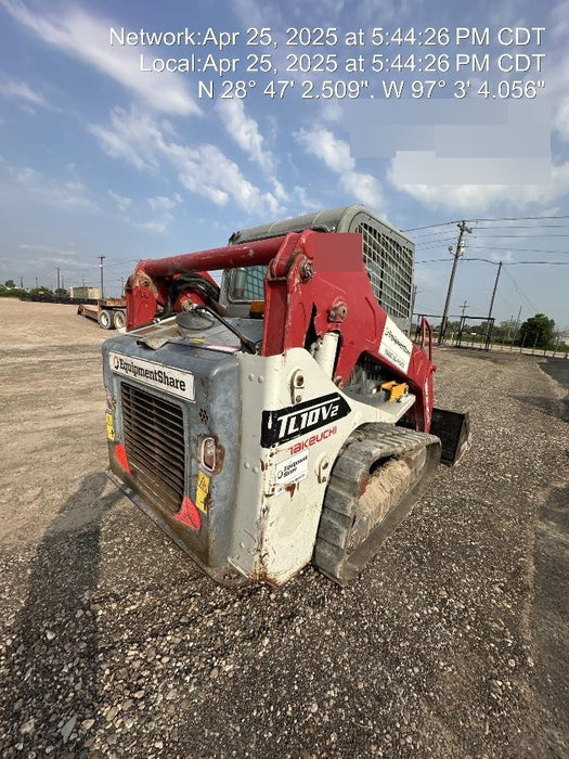 2019 Takeuchi TL10V2-CR Cab/Heat/AC, Rubber Tracks, Backup Alarm, Front & rear working Lights, Auxiliary Hydraulics, 2 Speed Travel, Engine Monitoring System, Hydraulic universal quick hitch w/76" HD smooth dirt bucket with bolt-on edge, 20.3 cubic feet capacity, 48" Pallet forks and frame