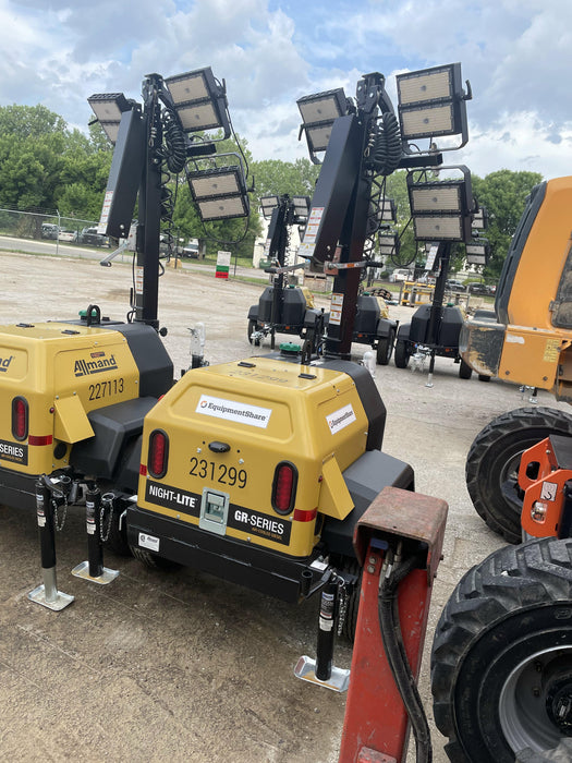 2022 Allmand NLV3GR (4) LED Light Fixture 350W, 23' Vertical Mast, 3kW Prime, Towable, Deep Sea L401, Leveling Jacks, Yanmar T4F 5.8hp