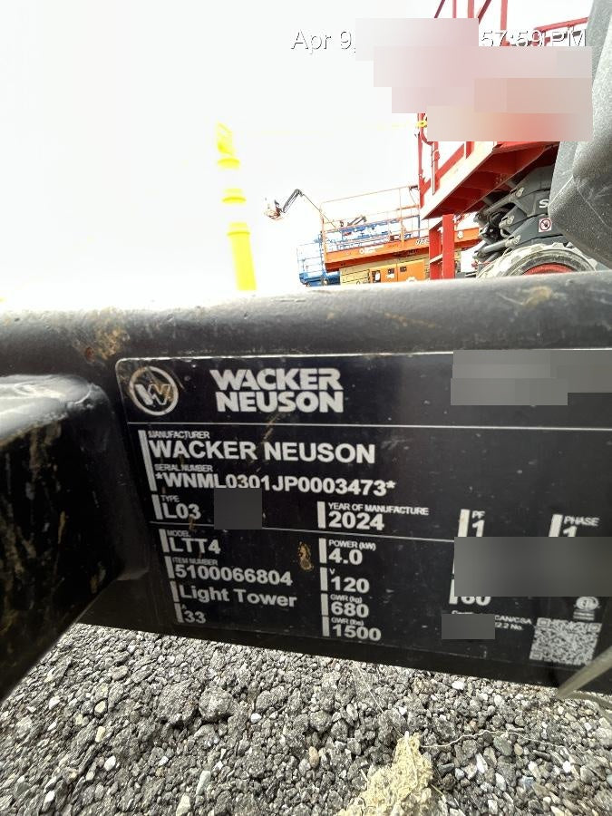 2024 Wacker Neuson LTT4 Diesel, Kohler KDW702, Deep Sea Controller, Auto Start, LED 320W, Bypass Outlet, T3