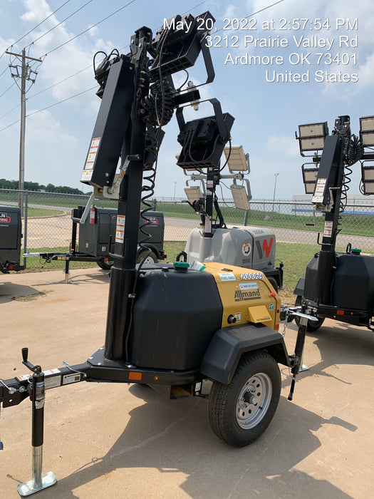 2022 Allmand NLV3GR (4) LED Light Fixture 350W, 23' Vertical Mast, 3kW Prime, Towable, Deep Sea L401, Leveling Jacks, Yanmar T4F 5.8hp