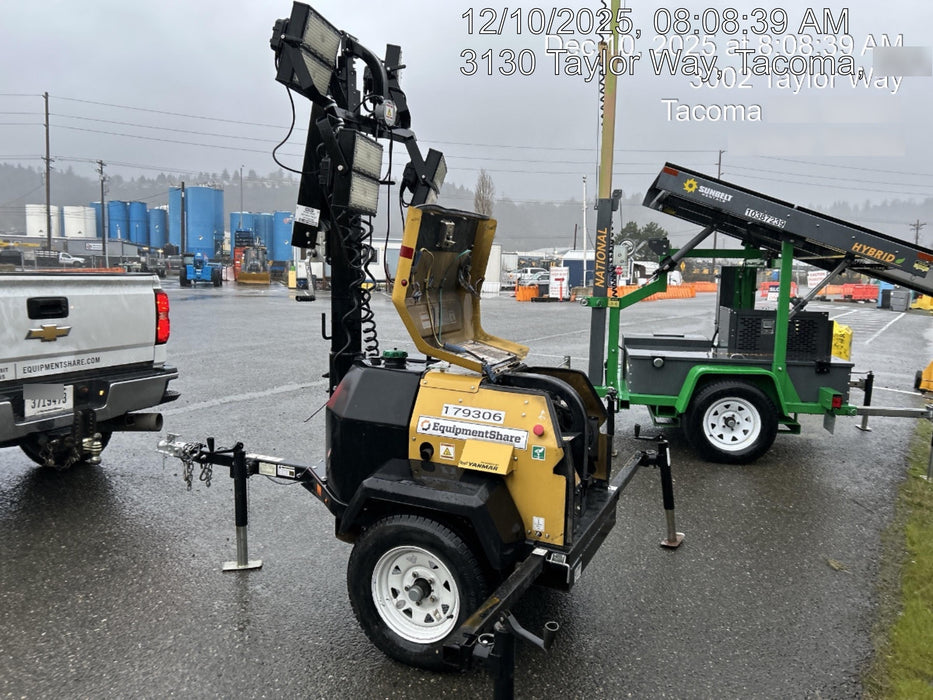 Allmand NLV3GR (4) LED Light Fixture 350W, 23' Vertical Mast, 3kW Prime, Towable, Deep Sea L401, Leveling Jacks, Yanmar T4F 5.8hp