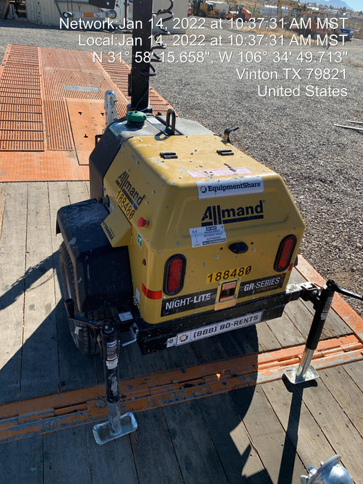 Allmand NLV3GR (4) LED Light Fixture 350W, 23' Vertical Mast, 3kW Prime, Towable, Deep Sea L401, Leveling Jacks, Yanmar T4F 5.8hp