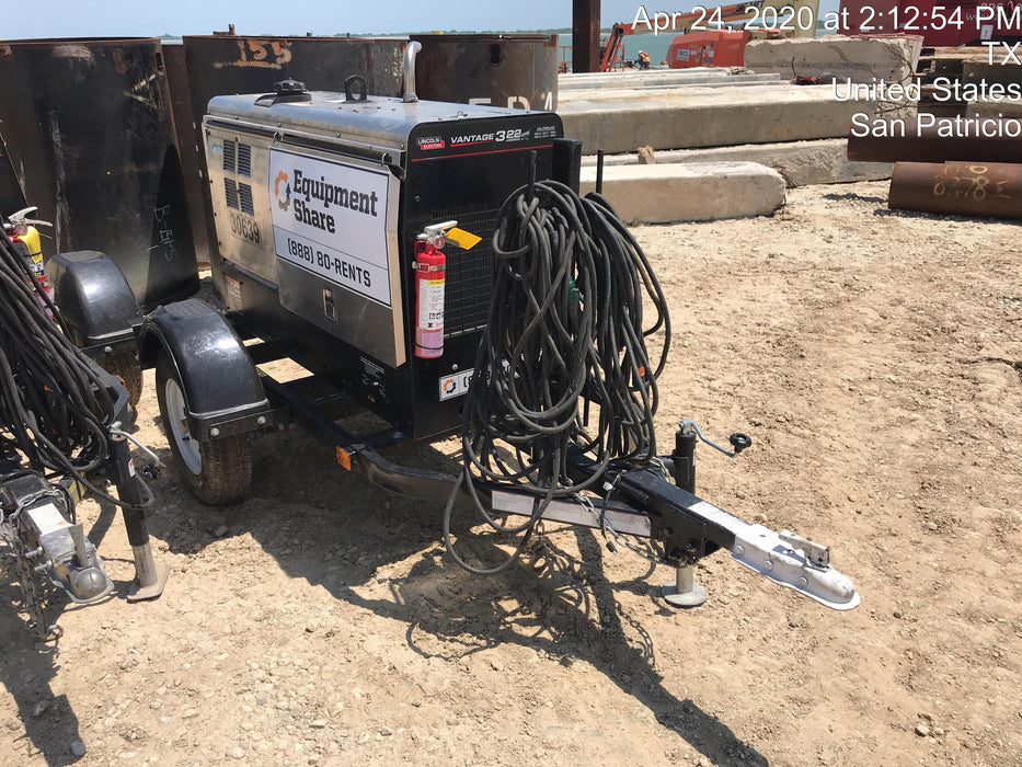 2019 Lincoln Electric Vantage 322 Welder Ready-Pak 3, Two wheel trailer, Fender and Light kit, Cable Rack