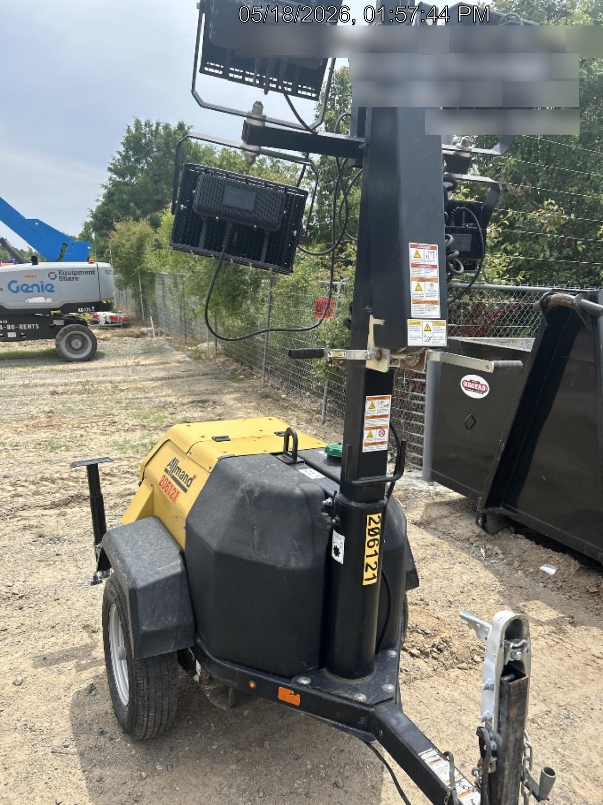 2022 Allmand NLV3GR (4) LED Light Fixture 350W, 23' Vertical Mast, 3kW Prime, Towable, Deep Sea L401, Leveling Jacks, Yanmar T4F 5.8hp