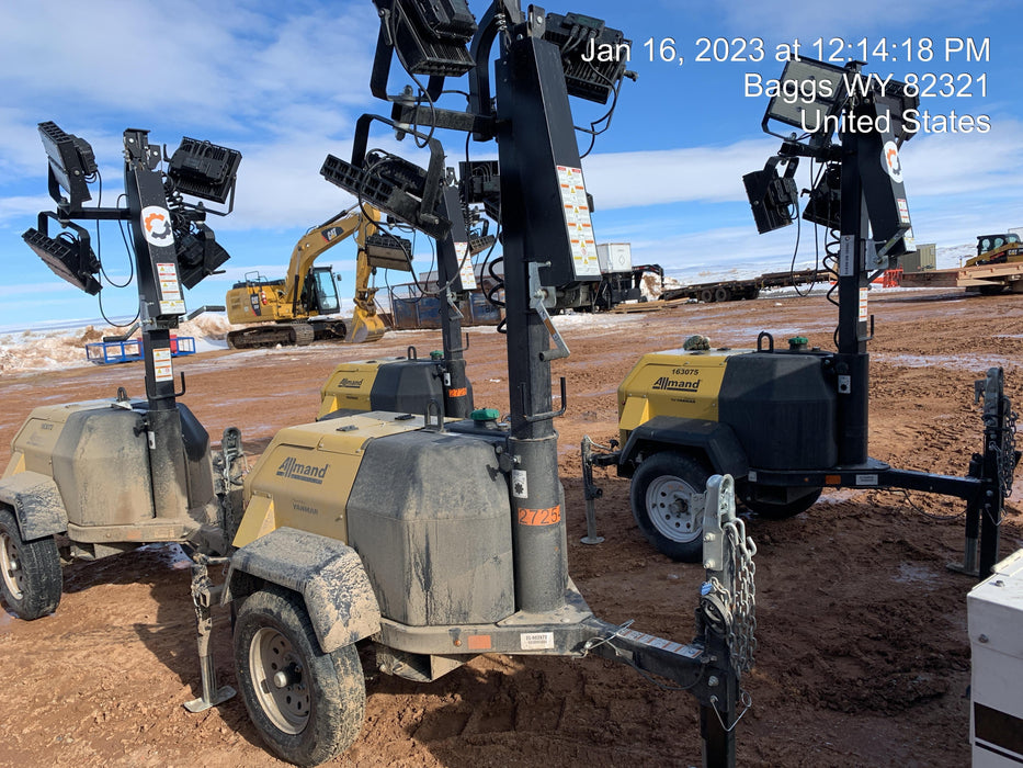 2022 Allmand NLV3GR (4) LED Light Fixture 350W, 23' Vertical Mast, 3kW Prime, Towable, ES Decals, T3