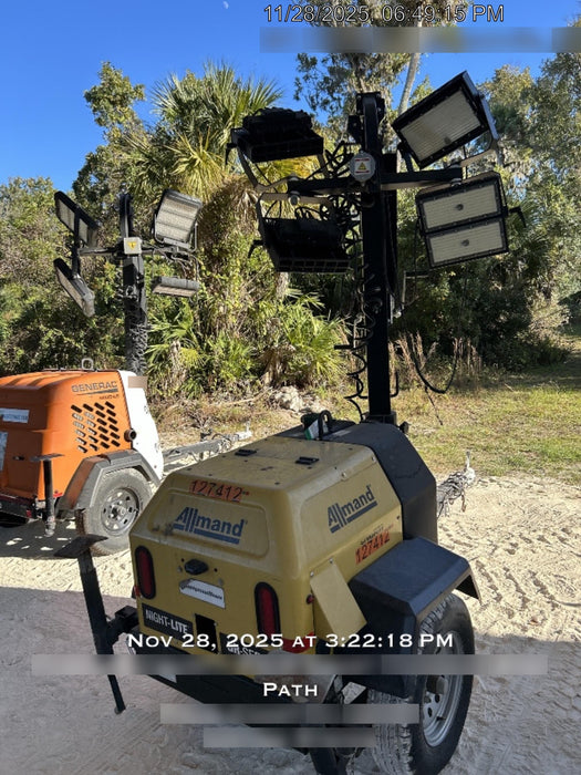 2021 Allmand NLV3GR (4) LED Light Fixture 350W, 23' Vertical Mast, 3kW Prime, Towable, Deep Sea L401, Leveling Jacks, Yanmar T4F 5.8hp