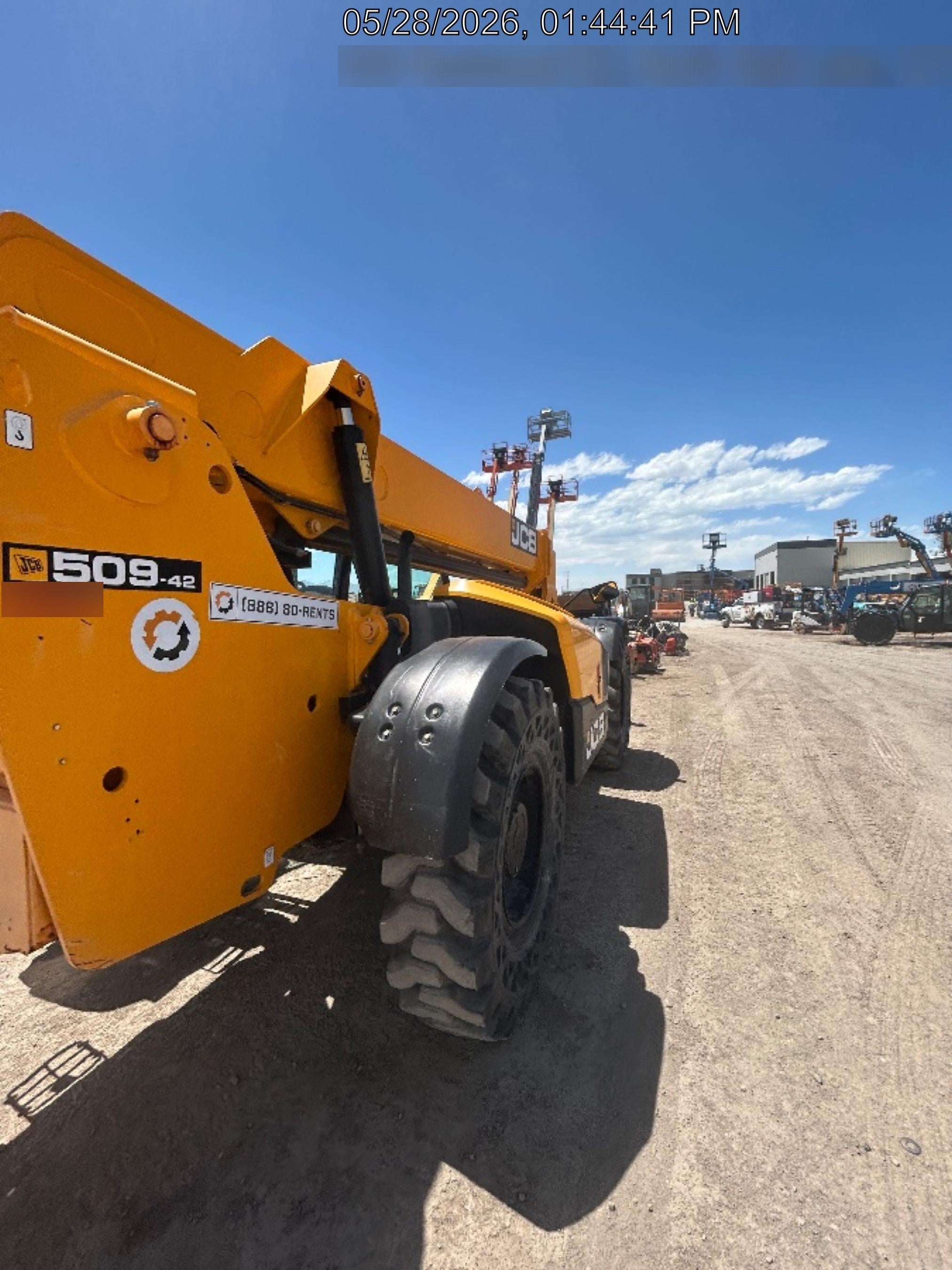 2019 JCB 509-42 Cab/Heat/Air, 74 HP, Solid Tires, STD Worklight, Beacon, Aux Hydraulics, Lifting Eye, Back up Alarm w/66" Carriage/60" Forks