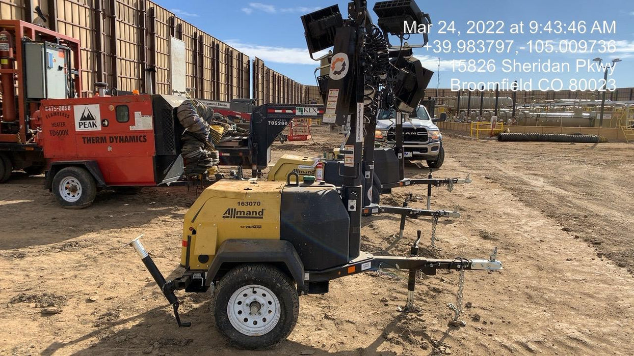 2021 Allmand NLV3GR (4) LED Light Fixture 350W, 23' Vertical Mast, 3kW Prime, Towable, Deep Sea L401, Leveling Jacks, Yanmar T4F 5.8hp