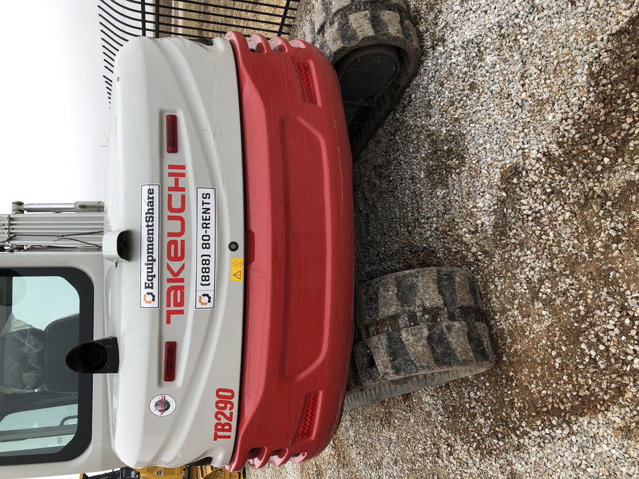 2019 Takeuchi TB290 Cab, AC, Rubber Tracks, Dozer Blade, Travel Alarm, Control Pattern Change Valve, Auxiliary Hydraulics w/18" Quick Coupler Bucket with teeth, 6.2 cu. ft. capacity/24" Quick Coupler Bucket with teeth, 8.6 cu. ft. capacity/36" Quick Coupler Bucket with teeth, 13.4 cu. ft. capacity, Quick Coupler, Hydraulic Thumb Installed