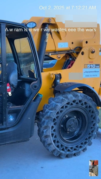 2019 JCB 510-56 Open ROPS, 74 HP, Solid Tires, Worklights, Beacon, Aux Hydraulics, Lifting Eye 66" Carriage/60" Forks