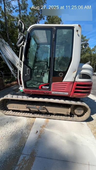 2019 Takeuchi TB290 Cab, AC, Rubber Tracks, Dozer Blade, Travel Alarm, Control Pattern Change Valve, Auxiliary Hydraulics w/18" Quick Coupler Bucket with teeth, 6.2 cu. ft. capacity/24" Quick Coupler Bucket with teeth, 8.6 cu. ft. capacity/36" Quick Coupler Bucket with teeth, 13.4 cu. ft. capacity, Quick Coupler, Hydraulic Thumb Installed