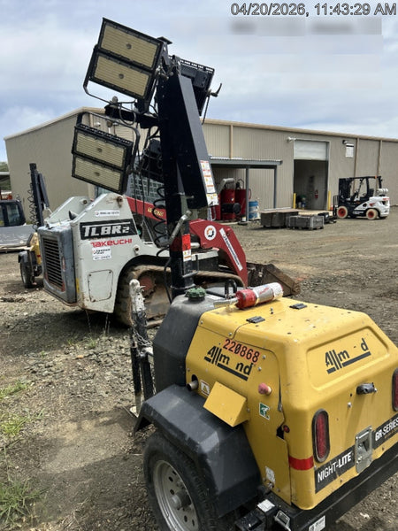2022 Allmand NLV3GR (4) LED Light Fixture 350W, 23' Vertical Mast, 3kW Prime, Towable, Deep Sea L401, Leveling Jacks, Yanmar T4F 5.8hp
