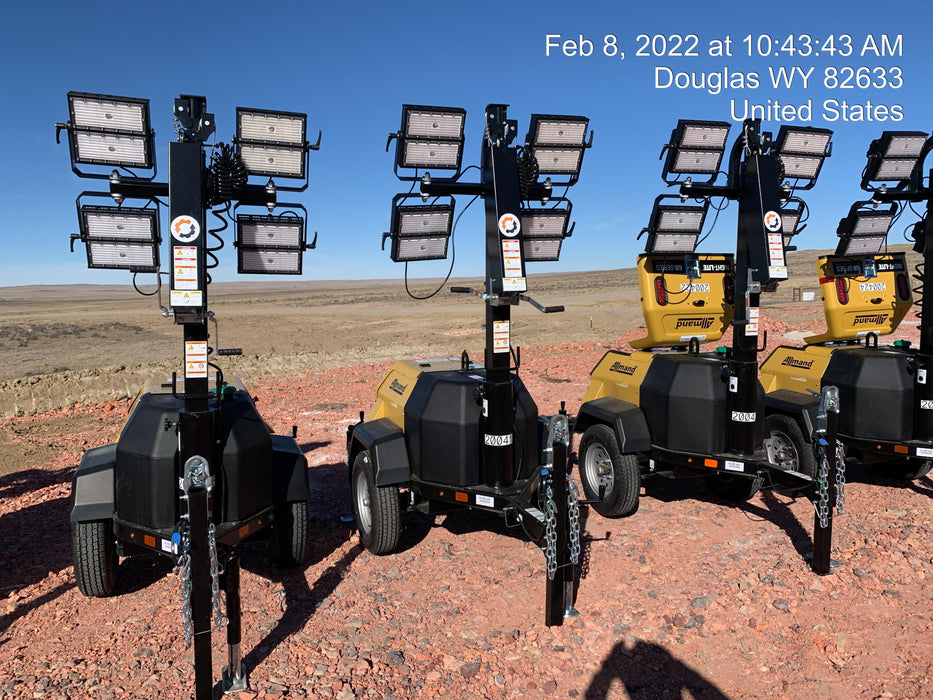 2022 Allmand NLV3GR (4) LED Light Fixture 350W, 23' Vertical Mast, 3kW Prime, Towable, Deep Sea L401, Leveling Jacks, Yanmar T4F 5.8hp