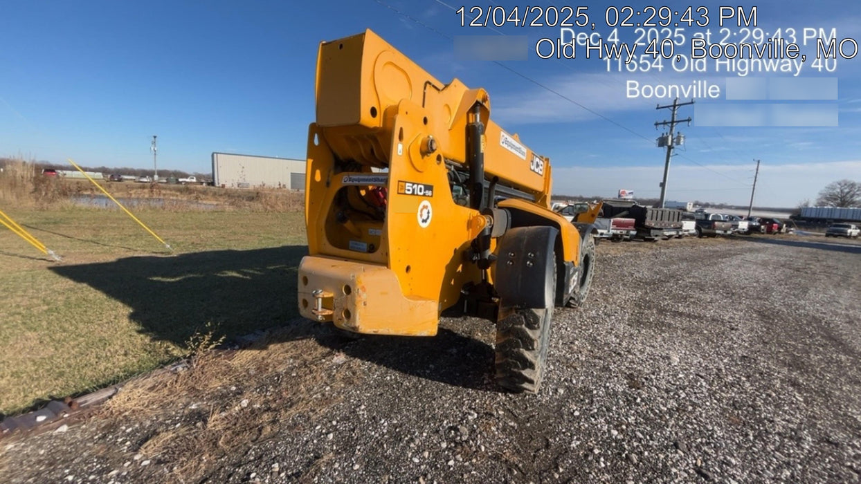 2019 JCB 510-56 Enclosed Cab, 74 HP, Solid Tires, Worklights, Beacon, Aux Hydraulics, Lifting Eye w/66" Carriage/60" Forks