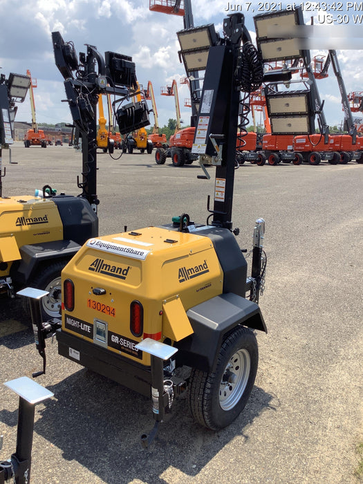 2021 Allmand NLV3GR (4) LED Light Fixture 350W, 23' Vertical Mast, 3kW Prime, Towable, Deep Sea L401, Leveling Jacks, Yanmar T4F 5.8hp