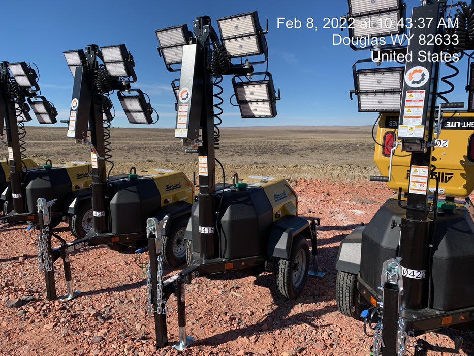 2022 Allmand NLV3GR (4) LED Light Fixture 350W, 23' Vertical Mast, 3kW Prime, Towable, Deep Sea L401, Leveling Jacks, Yanmar T4F 5.8hp