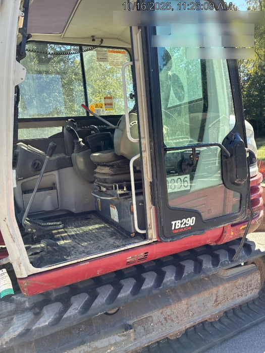 2019 Takeuchi TB290 Cab, AC, Rubber Tracks, Dozer Blade, Travel Alarm, Control Pattern Change Valve, Auxiliary Hydraulics w/18" Quick Coupler Bucket with teeth, 6.2 cu. ft. capacity/24" Quick Coupler Bucket with teeth, 8.6 cu. ft. capacity/36" Quick Coupler Bucket with teeth, 13.4 cu. ft. capacity, Quick Coupler, Hydraulic Thumb Installed