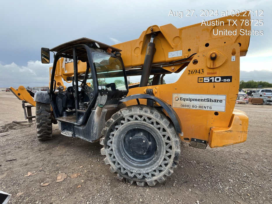 2019 JCB 510-56 74 HP w/Open ROPS, Beacon, Aux Hydraulics, Worklights, Solid Tires w/60" Carriage/Forks