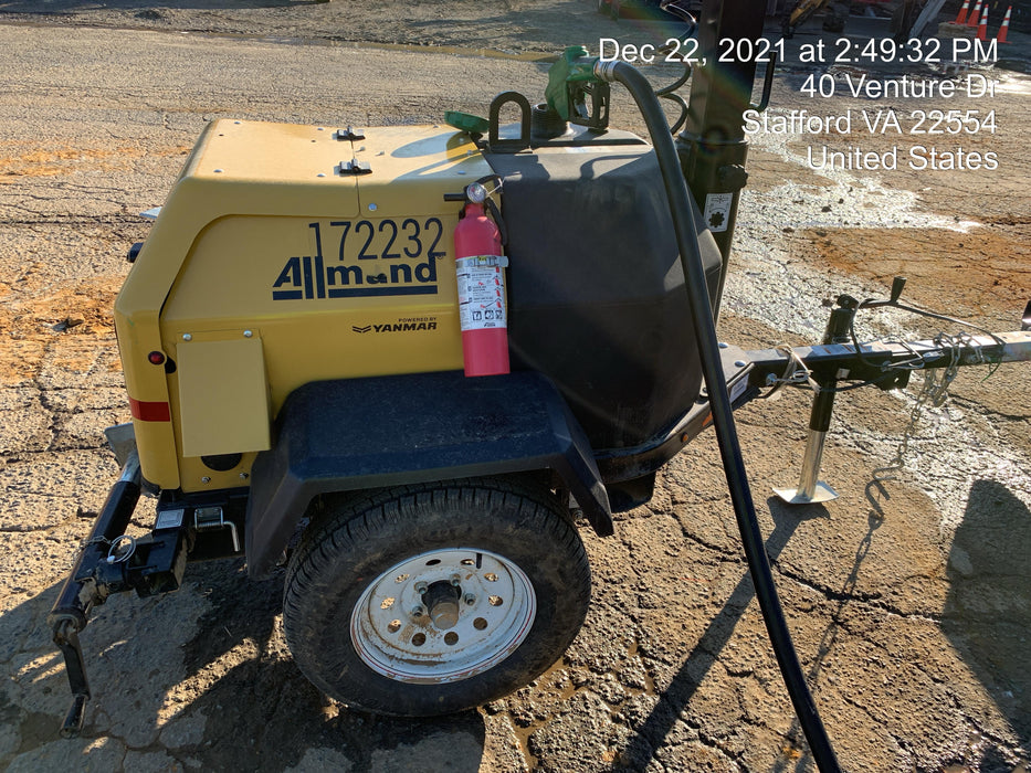 2021 Allmand NLV3GR (4) LED Light Fixture 350W, 23' Vertical Mast, 3kW Prime, Towable, Deep Sea L401, Leveling Jacks, Yanmar T4F 5.8hp