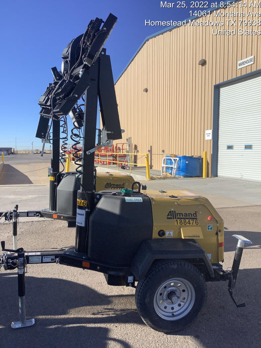 Allmand NLV3GR (4) LED Light Fixture 350W, 23' Vertical Mast, 3kW Prime, Towable, Deep Sea L401, Leveling Jacks, Yanmar T4F 5.8hp