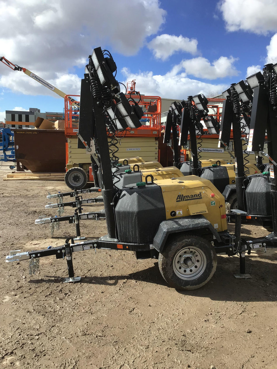 2021 Allmand NLV3GR (4) LED Light Fixture 350W, 23' Vertical Mast, 3kW Prime, Towable, Deep Sea L401, Leveling Jacks, Yanmar T4F 5.8hp