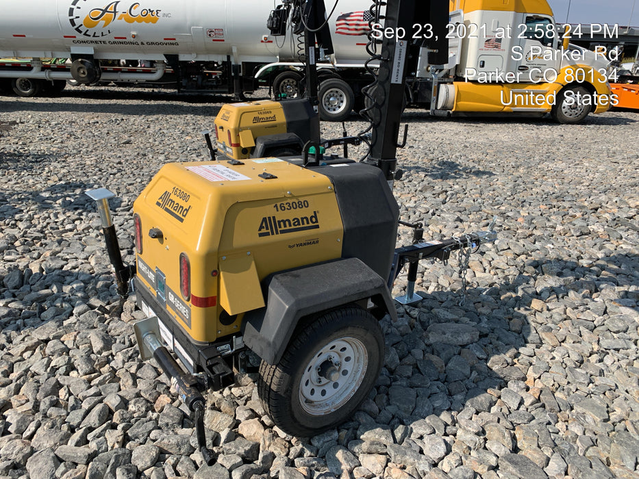 2021 Allmand NLV3GR (4) LED Light Fixture 350W, 23' Vertical Mast, 3kW Prime, Towable, Deep Sea L401, Leveling Jacks, Yanmar T4F 5.8hp