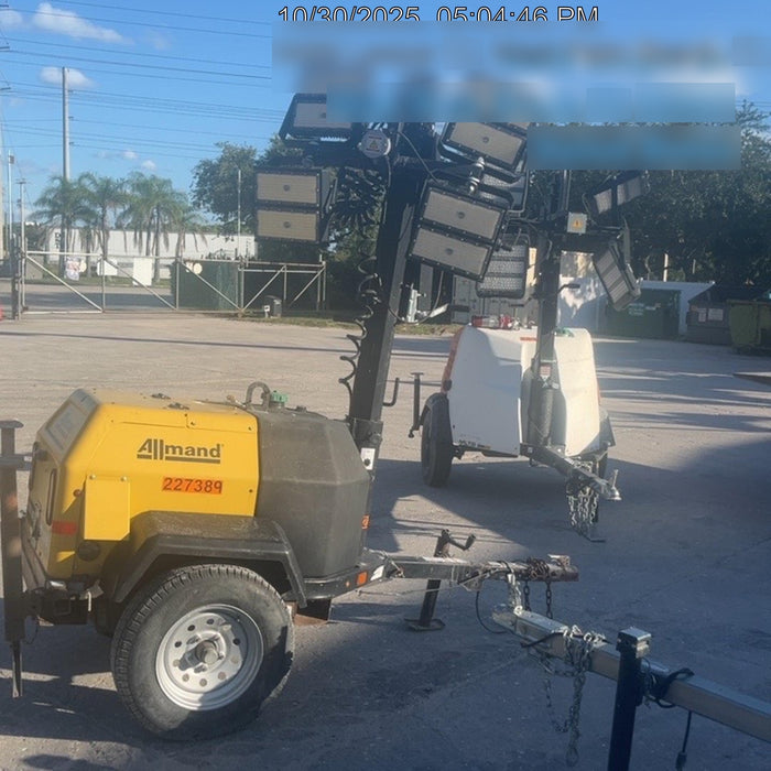 2022 Allmand NLV3GR (4) LED Light Fixture 350W, 23' Vertical Mast, 3kW Prime, Towable, Deep Sea L401, Leveling Jacks, Yanmar T4F 5.8hp