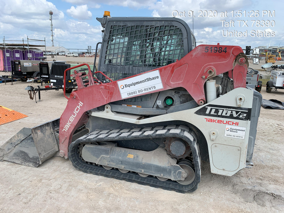 2019 Takeuchi TL10V2-CR Cab/Heat/AC, Rubber Tracks, Backup Alarm, Front & rear working Lights, Auxiliary Hydraulics, 2 Speed Travel, Engine Monitoring System, Hydraulic universal quick hitch w/76" HD smooth dirt bucket with bolt-on edge, 20.3 cubic feet capacity, 48" Pallet forks and frame
