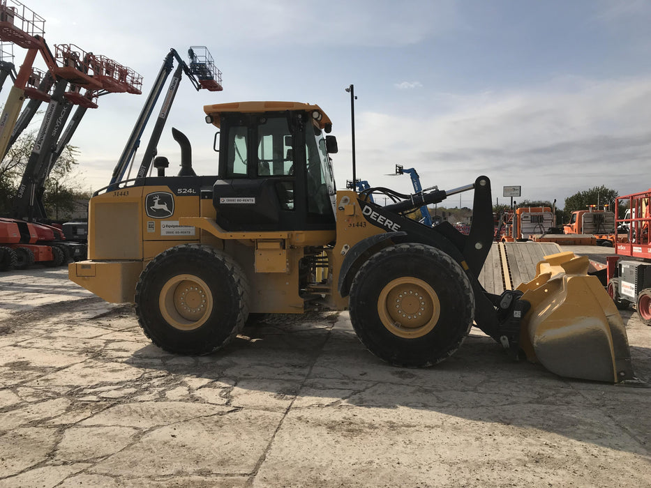 2019 John Deere 524L Cab/Heat/AIR, 3rd Function Hydraulics, Hydraulic JRB QC 2.75 Yd. Bucket, 60" Carriage/72" Forks