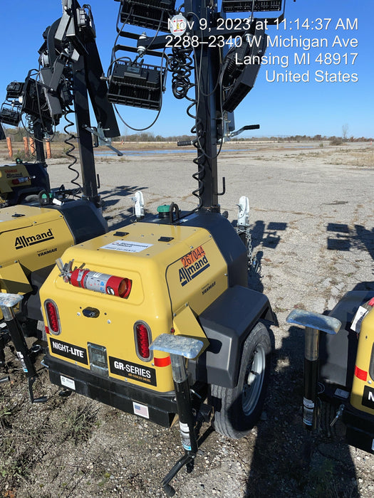 2022 Allmand NLV3GR (4) LED Light Fixture 350W, 23' Vertical Mast, 3kW Prime, Towable, ES Decals, T3