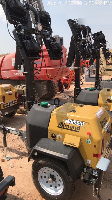 2021 Allmand NLV3GR (4) LED Light Fixture 350W, 23' Vertical Mast, 3kW Prime, Towable, Deep Sea L401, Leveling Jacks, Yanmar T4F 5.8hp