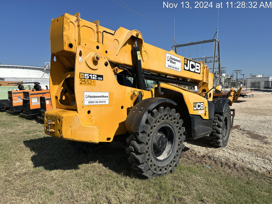 2019 JCB 512-56 109 HP w/CAB/HVAC, Beacon, Aux Hydraulics, Worklights, Solid Tires w/60" Carriage/Forks