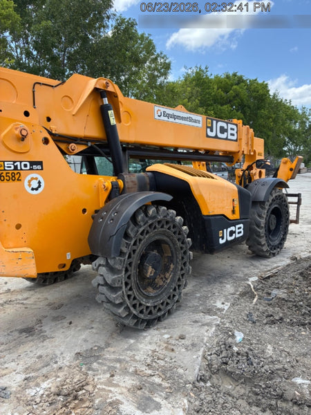 2019 JCB 510-56 Enclosed Cab, 74 HP, Solid Tires, Worklights, Beacon, Aux Hydraulics, Lifting Eye w/66" Carriage/60" Forks