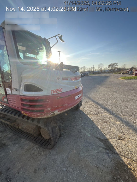 2019 Takeuchi TB290 Cab/Heat/AC Rubber tracks, Dozer blade, Travel alarm, Auxiliary hydraulics w/Manual QC, Hydraulic thumb, 18", 24", and 36" Buckets
