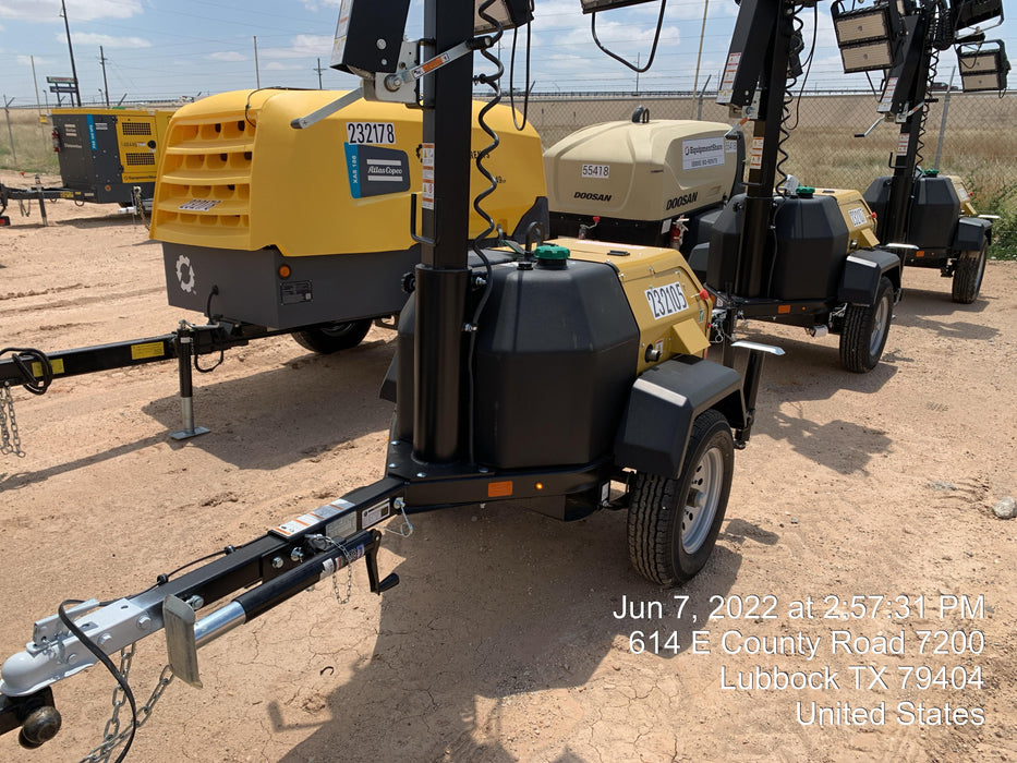 2022 Allmand NLV3GR (4) LED Light Fixture 350W, 23' Vertical Mast, 3kW Prime, Towable, Deep Sea L401, Leveling Jacks, Yanmar T4F 5.8hp