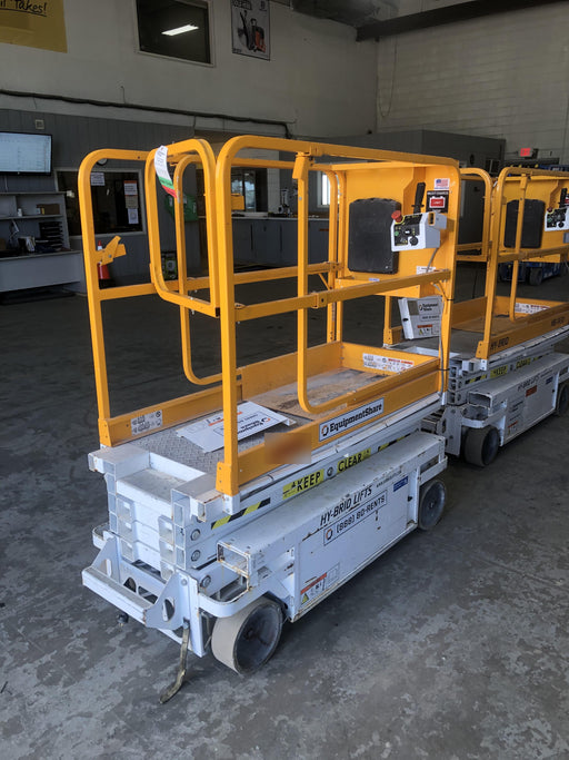 Custom Equipment HB-1430 <ul>
 <li>Hy-Brid Scissor Lift</li>
  <li>Platform capacity up to 670 lbs.</li>
  <li>Working height up to 20 ft</li>
  <li>Weighs under 1,700 lbs.</li>
  <li>Non-marking wheels </li>
</ul>