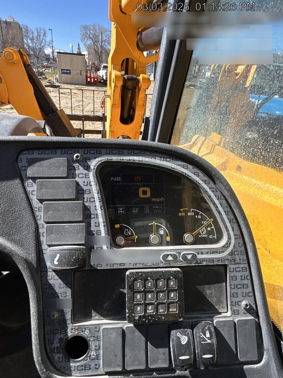 2019 JCB 510-56 74 HP w/Open ROPS, Beacon, Aux Hydraulics, Worklights, Solid Tires w/60" Carriage/Forks