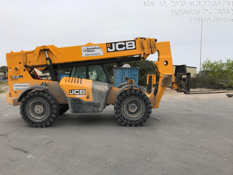 2019 JCB 512-56 109 HP w/CAB/HVAC, Beacon, Aux Hydraulics, Worklights, Solid Tires w/60" Carriage/Forks