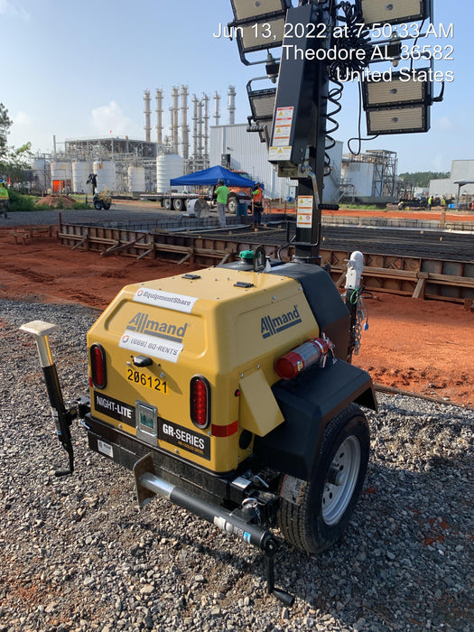 2022 Allmand NLV3GR (4) LED Light Fixture 350W, 23' Vertical Mast, 3kW Prime, Towable, Deep Sea L401, Leveling Jacks, Yanmar T4F 5.8hp