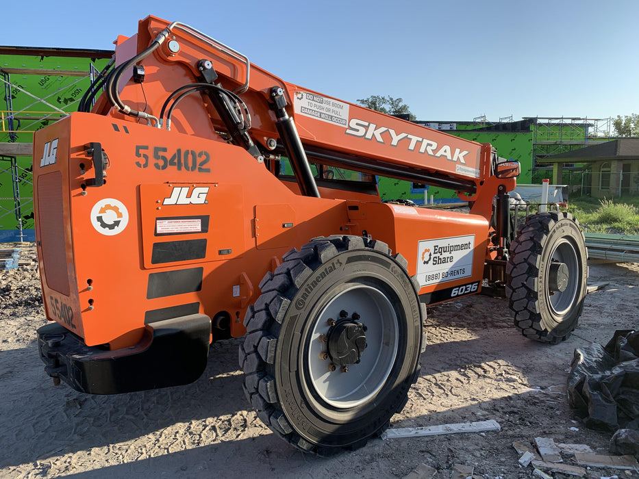 2019 Skytrak 6036 Cab/Heat/Air, Solid Tires, LED Work Lights, Beacon w/50" Carriage, 48" Pallet Forks