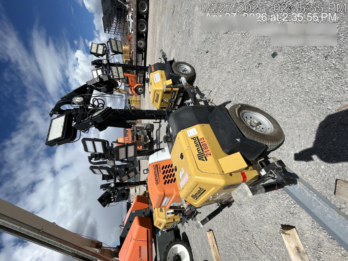 2022 Allmand NLV3GR (4) LED Light Fixture 350W, 23' Vertical Mast, 3kW Prime, Towable, Deep Sea L401, Leveling Jacks, Yanmar T4F 5.8hp