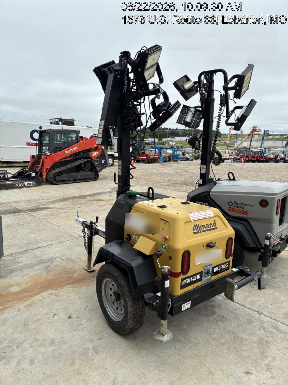 2022 Allmand NLV3GR (4) LED Light Fixture 350W, 23' Vertical Mast, 3kW Prime, Towable, Deep Sea L401, Leveling Jacks, Yanmar T4F 5.8hp