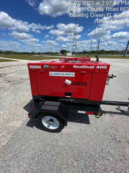 2023 Shindaiwa DGW400MDL Kubota D902 Engine, 23 HP, Dual Op Welder, Wire, Arc, Droop Stick, Tig, and CC Stick Functionality, Simulphase, 3 Phase and 1 Phase Gen Output, Single Axle NB Trlr, Slr Trckl Chrg 12V 12W, Fire Ext