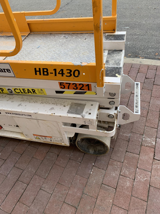 Custom Equipment HB-1430 <ul>
 <li>Hy-Brid Scissor Lift</li>
  <li>Platform capacity up to 670 lbs.</li>
  <li>Working height up to 20 ft</li>
  <li>Weighs under 1,700 lbs.</li>
  <li>Non-marking wheels </li>
</ul>